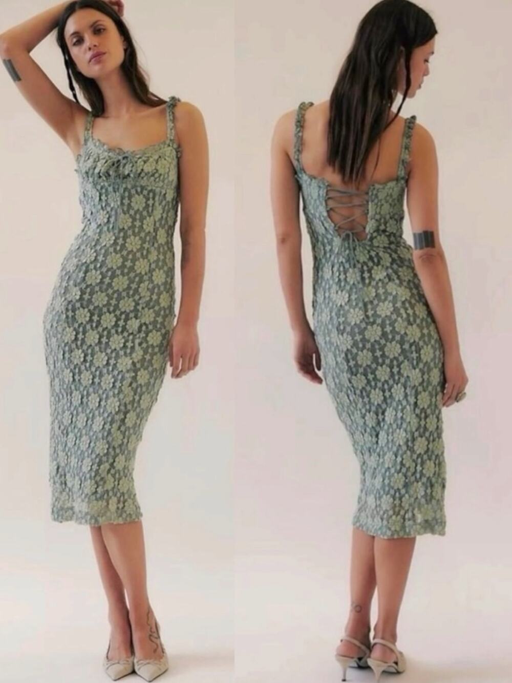 Free People Ethereal Dainty Romantic Lucinda Lace Midi Dress Lilypad Jade Large